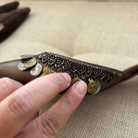 Manolo Blahnik 2000s Silver & Gold Coin Brown Leather Mule Heels - Picture 5 of 13